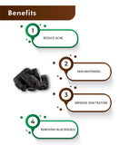List of skincare benefits with charcoal and text on a white background